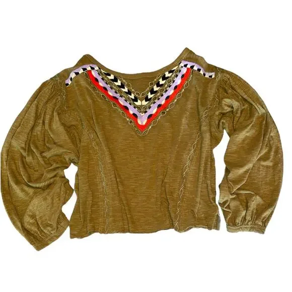 Free People Hand Me Down Moss Embroidered Collar Top M/L - Picture 2 of 13